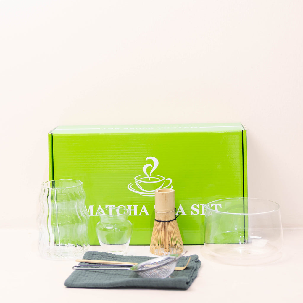 Matcha Tea Kit contents including bamboo whisk, glass bowl, and accessories